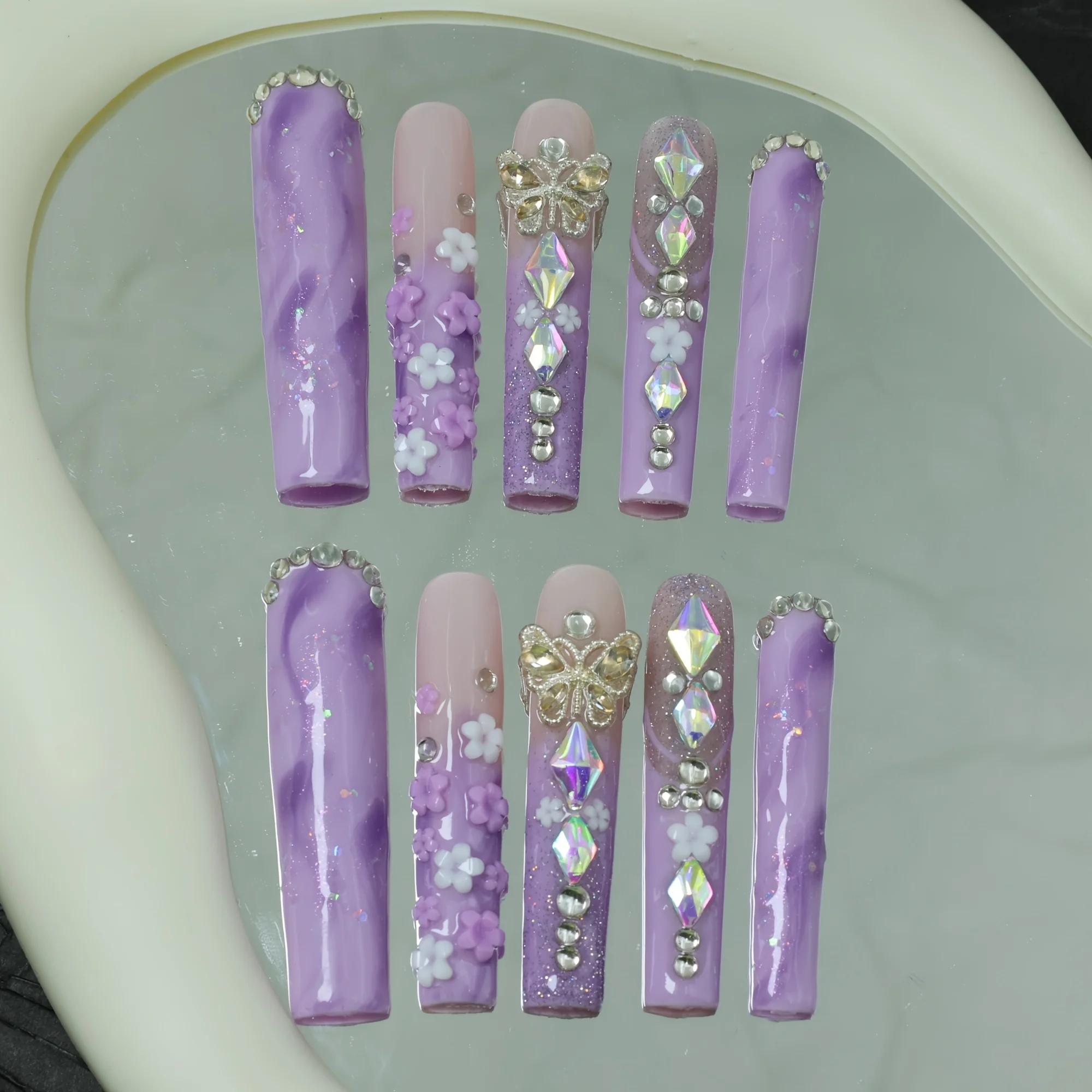 

10 шт., высококачественный мечтательный фиолетовый градиент, светлый роскошный сверкающий бриллиант, трехмерный кулон с маленьким цветком и бабочкой