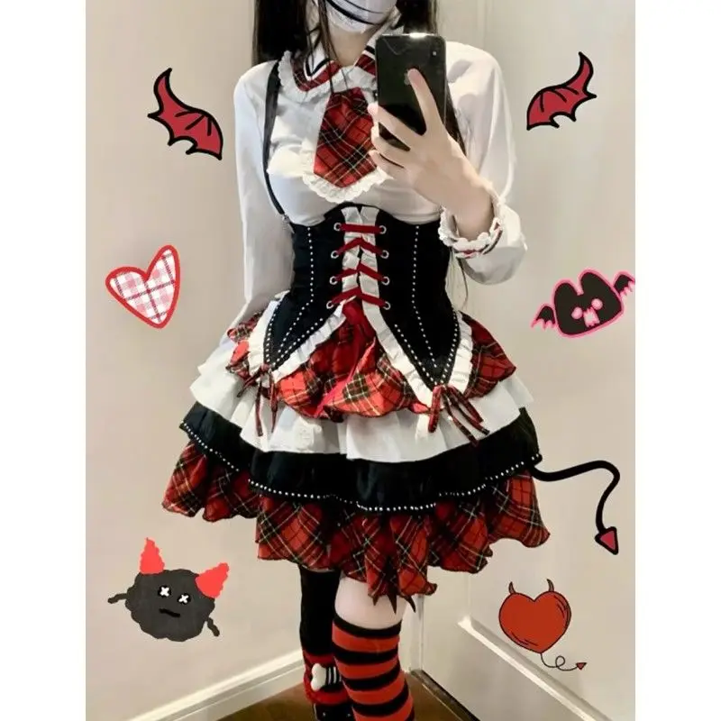 

Лолита, милый жилет для девочек в стиле ретро, жилет с талией, рубашка с длинными рукавами, комплект пышной юбки с высокой талией