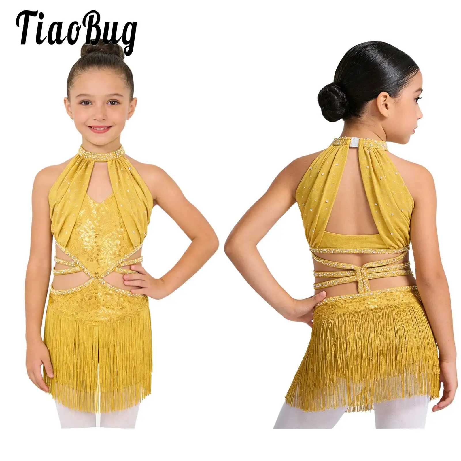 Kids Girls Leotards Tassel Latin Dance Dress Shiny Sequined Samba Salsa Jazz Tango Dance Sleeveless Ruched Overlay Bodice Dress