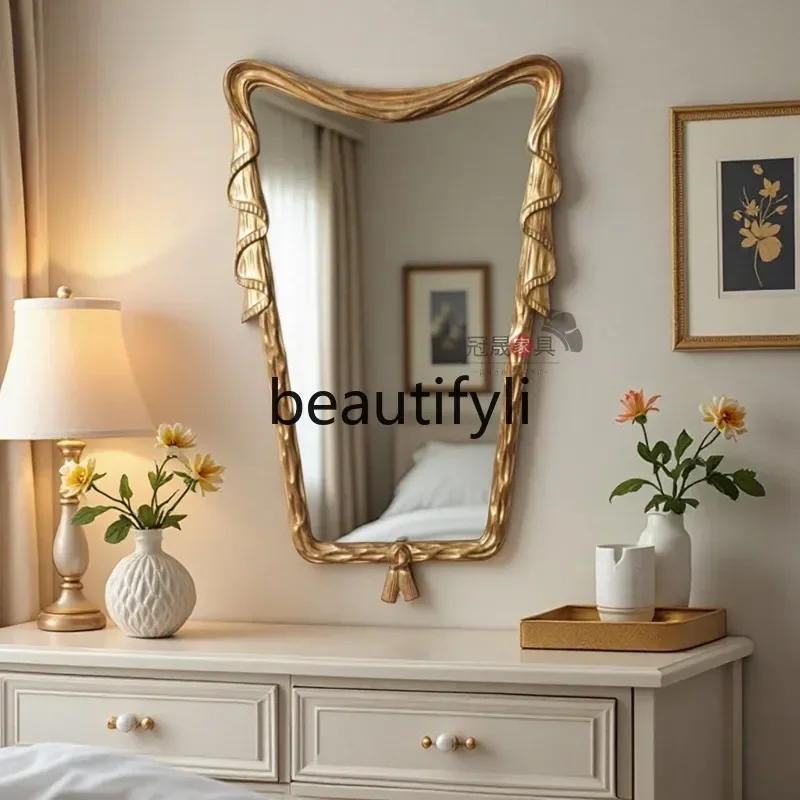 French retro makeup mirror wall-mounted bathroom European-style engraving,home bedroom entrance special-shaped decorative mirror
