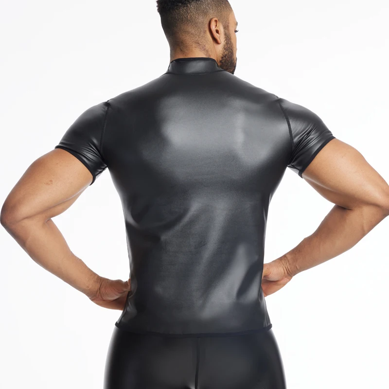 New Men Stand collar Body Shaper T-Shirt Faux Leather Short Sleeve Tops Slimming Shirt Waist Trainer Leather Shapewear Underwear