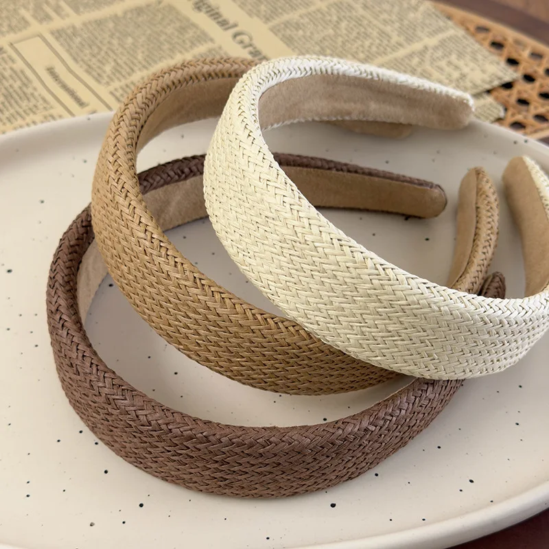 1pc Korean Ins Raffia Headband Wide Straw Hair Hoop for Women Solid Color Versatile Comfortable Daily Outing Summer Beach Style