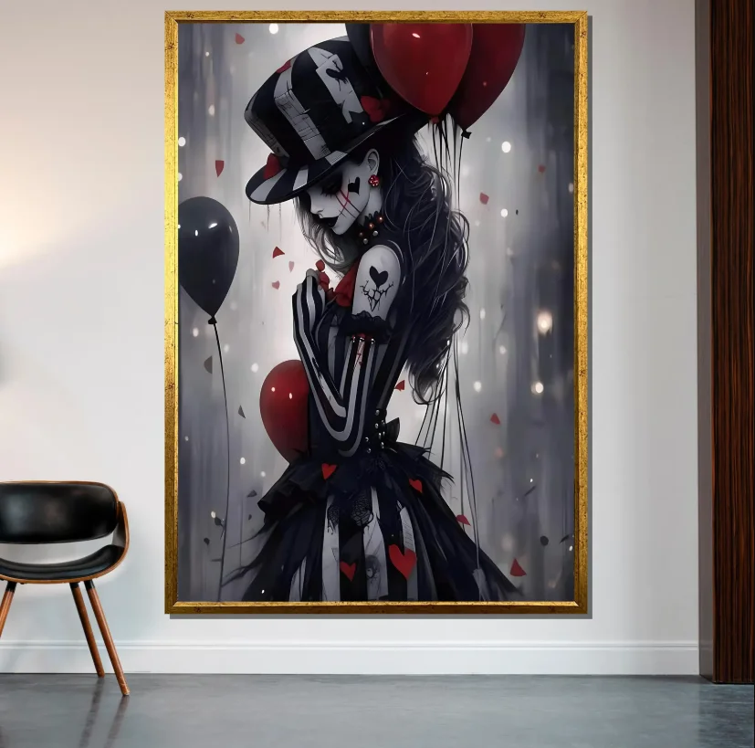 DIY 5D Diamond Painting, Gothic Clown Maiden With Red And Black Balloons, For Home Wall Decor, Ideal Gift for Art Lovers