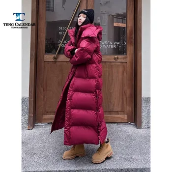 겨울 코튼 재킷, 한국어 버전 발목까지 긴 A 라인 루즈 후드 다운 코튼 재킷, 여성 2024 새 모델