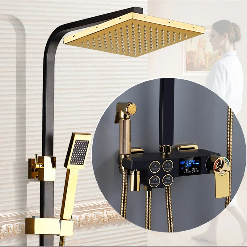 Digital Shower Set Senducs Polished Chrome Thermostatic Shower System Brass Bathtub Mixer Tap Square Digital Bathroom Shower Set