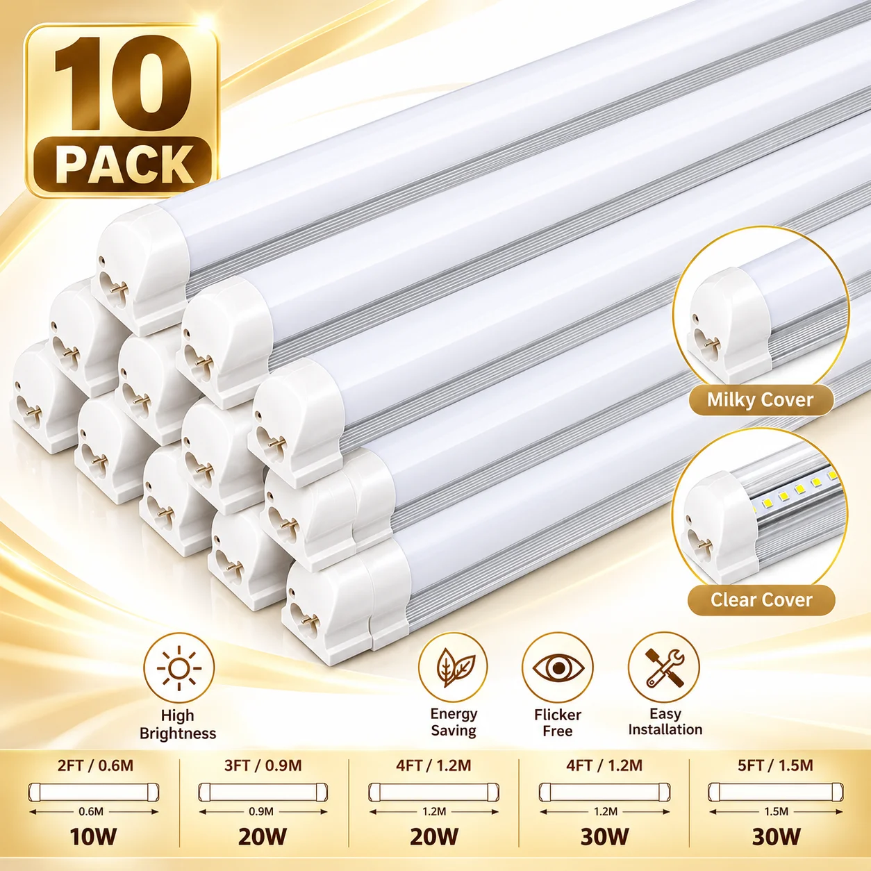 10pcs/lot 2FT-5FT 10-30W High Power T8 Integrated Led Tube Indoor Lighting Fixtures T8 Led Tube Light For Home Warehouse Factory