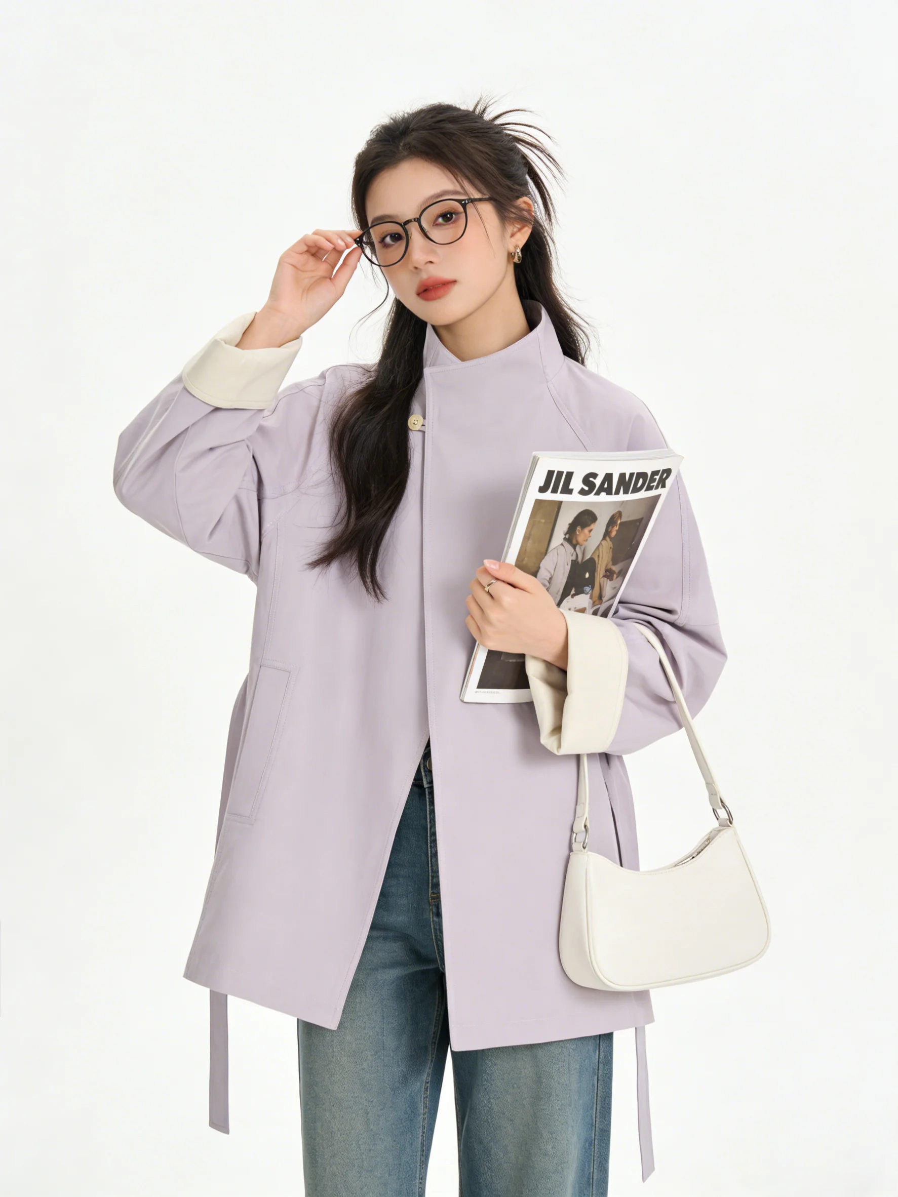Purple Belted Waistcoat Longline Casual Spring Outerwear Stand Collar Adjustable Drawstring Women's Korean Style Jacket