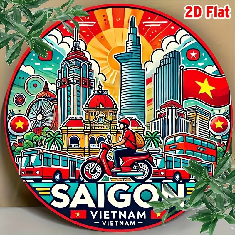 2D flach, 1 Stück Ho Chi Minh City Vietnam Metallschild – Retro Vintage vietnamesische Stadtbild Kunst – 20,3 cm runde Aluminium-Wanddekoration – N