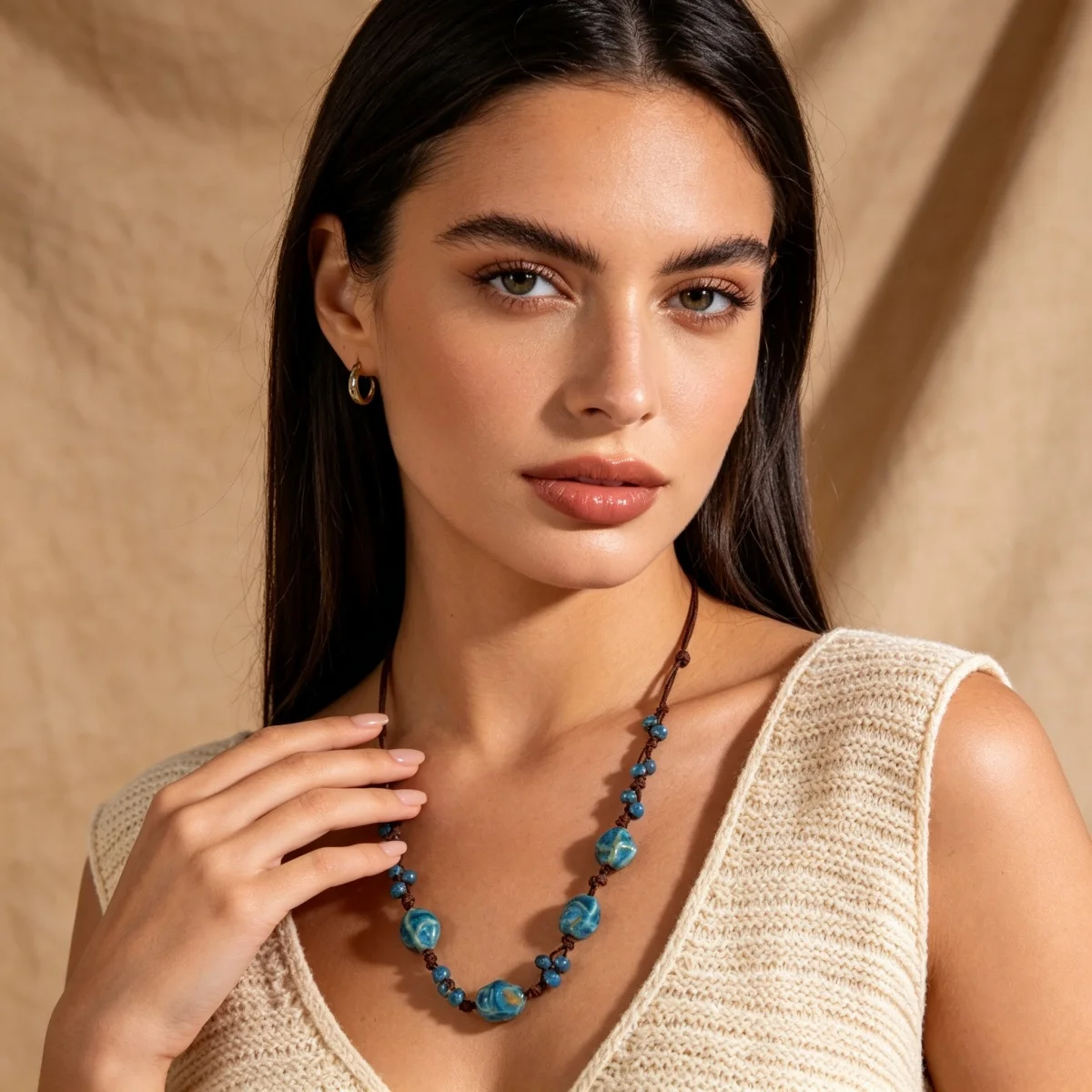 Retro-Künstlerischer Stil Unregelmäßige Blaue Keramikperlen Lange Halskette für Frauen Männer Boho Ethnische Braune Wachsschnur Pulloverkette Schmuck – Detail 17