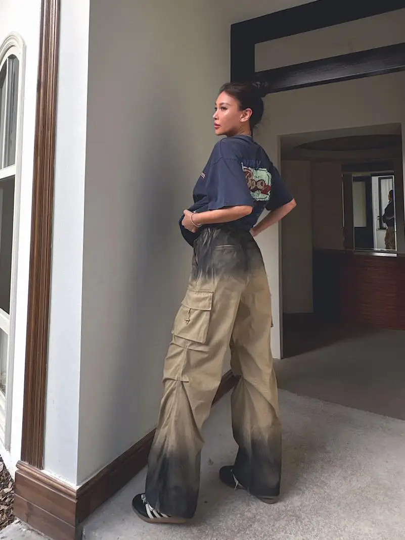 

Y2K Street Apocalyptic Style Workwear Pants High Waist Cotton Stretch Denim Heavy Washed Dirty Gradient Color Large Pockets