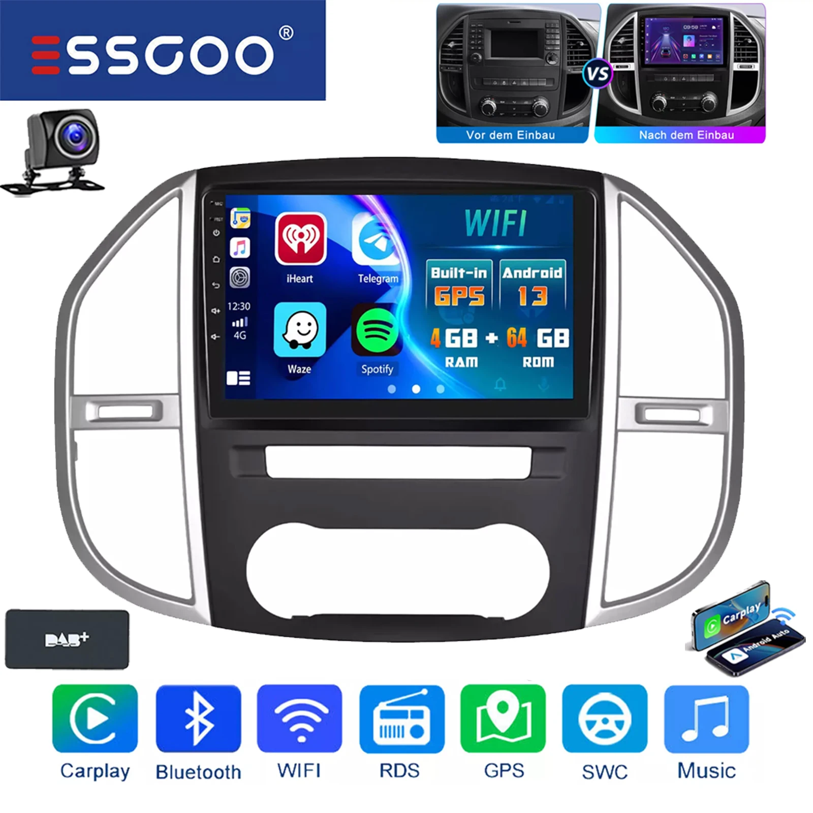 ESSGOO 10 "2 DIN Android 14 Autoradio Multimedia Video Player Voor Benz Vito 3 W447 2014-20 GPS Navi 32 GB/64G Carplay WIFI RDS BT