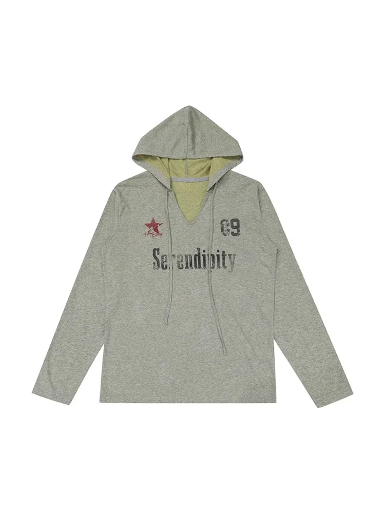 Y2k Aesthetic Letter Printing Hooded Tshirts Harajuku Women Casual Loose Streetwear Tees 2025 Preppy Style Grunge Autumn T-shirt