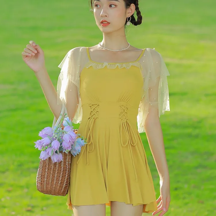 

Korean Ins Style Swimsuit Fairy Fan Light Luxury One-piece Thin Gathering Vacation Hot Spring Swimsuit Woman Swimsuit Women