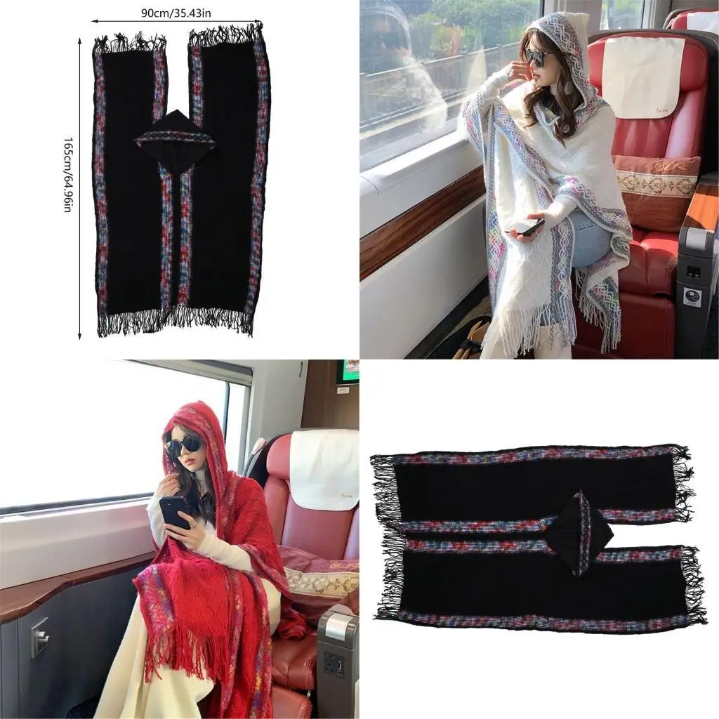 

39BD Fashionable Fringed Poncho Shawl for Vacation Bohemian Shawl Travel Photo Capes