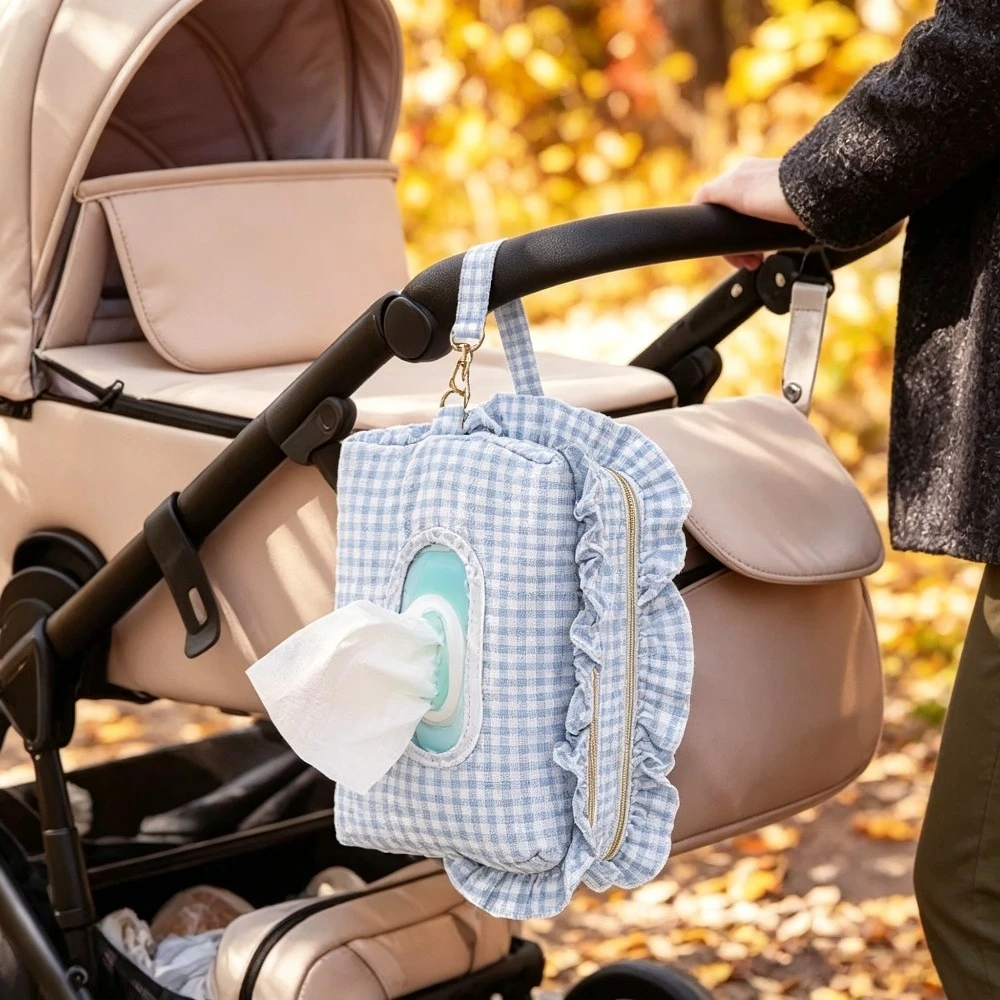 Farmhouse Plaid Ruffle Mommy Bag with Tissue Opening, Portable Diaper & Sundries Organizer