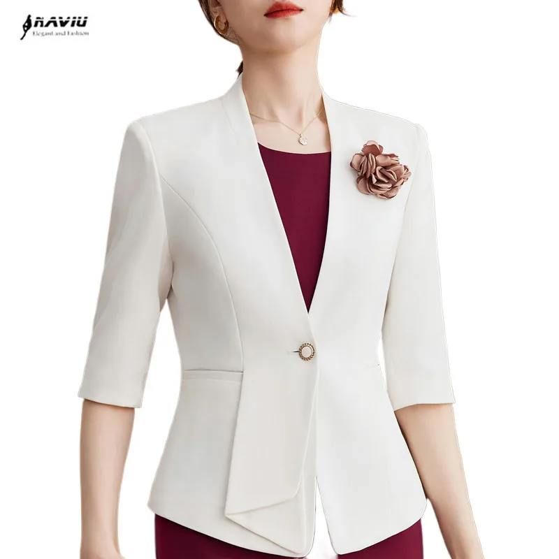 NAVIU New Fashion Eleagnt Slim Fit Small Suit Coat Womens Summer Thin 2024 White Blazer Business Work Wear Jacket Send corsage