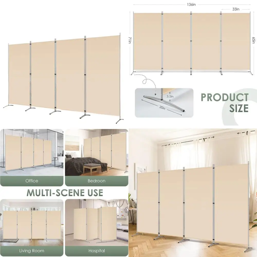 

Свободностоящая 4-панельная ширма-перегородка, высота 6 футов, ширина 136 дюймов, глубина 20 дюймов, высота 71 дюйм, бежевый цвет.