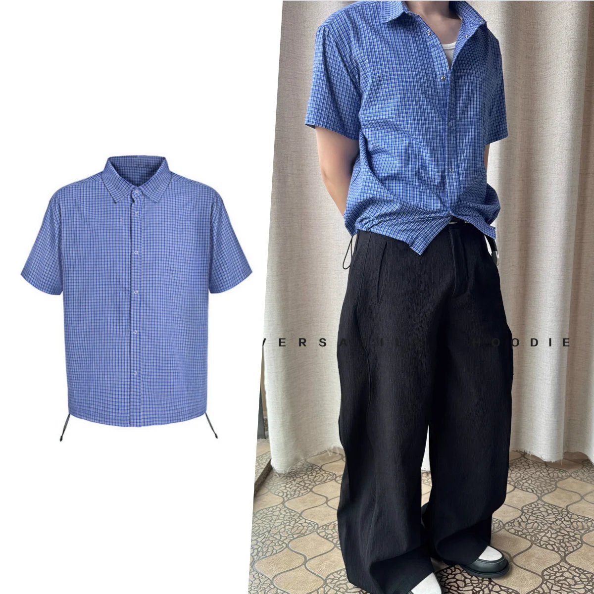 Royal blue plaid shirt drawstring short sleeved shirt versatile short sleeved shirt Men's clothing