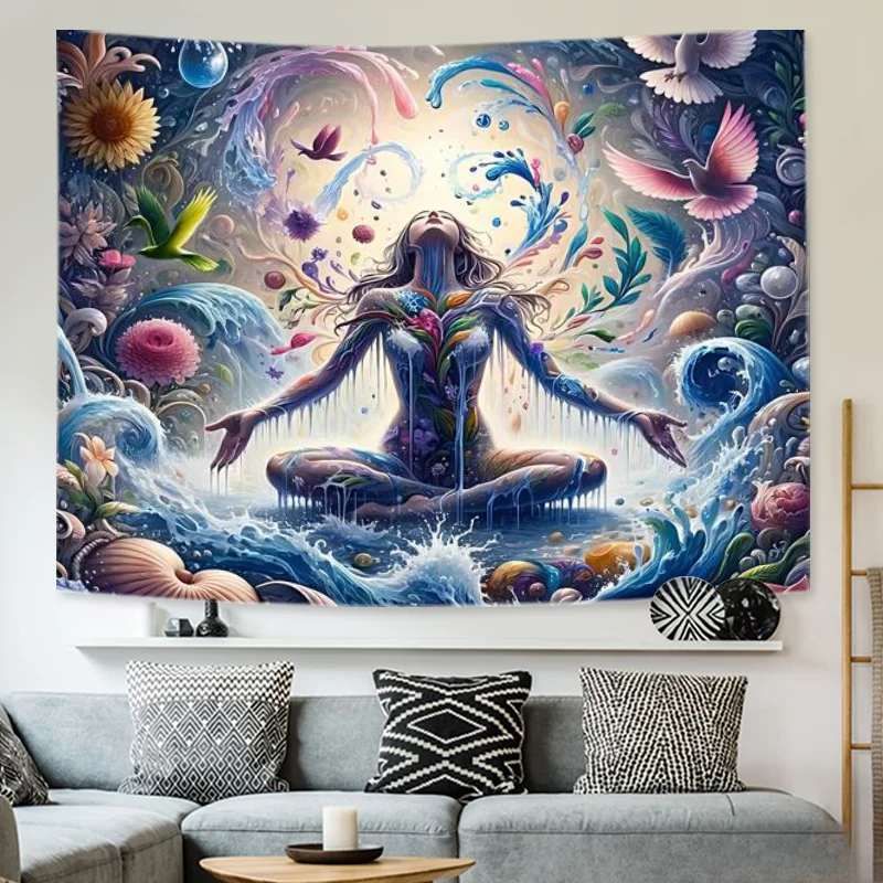 Meditativo sonho mulher tapeçaria cachoeira design decoração do quarto parede pendurado tecido de poliéster inclui acessórios gratuitos