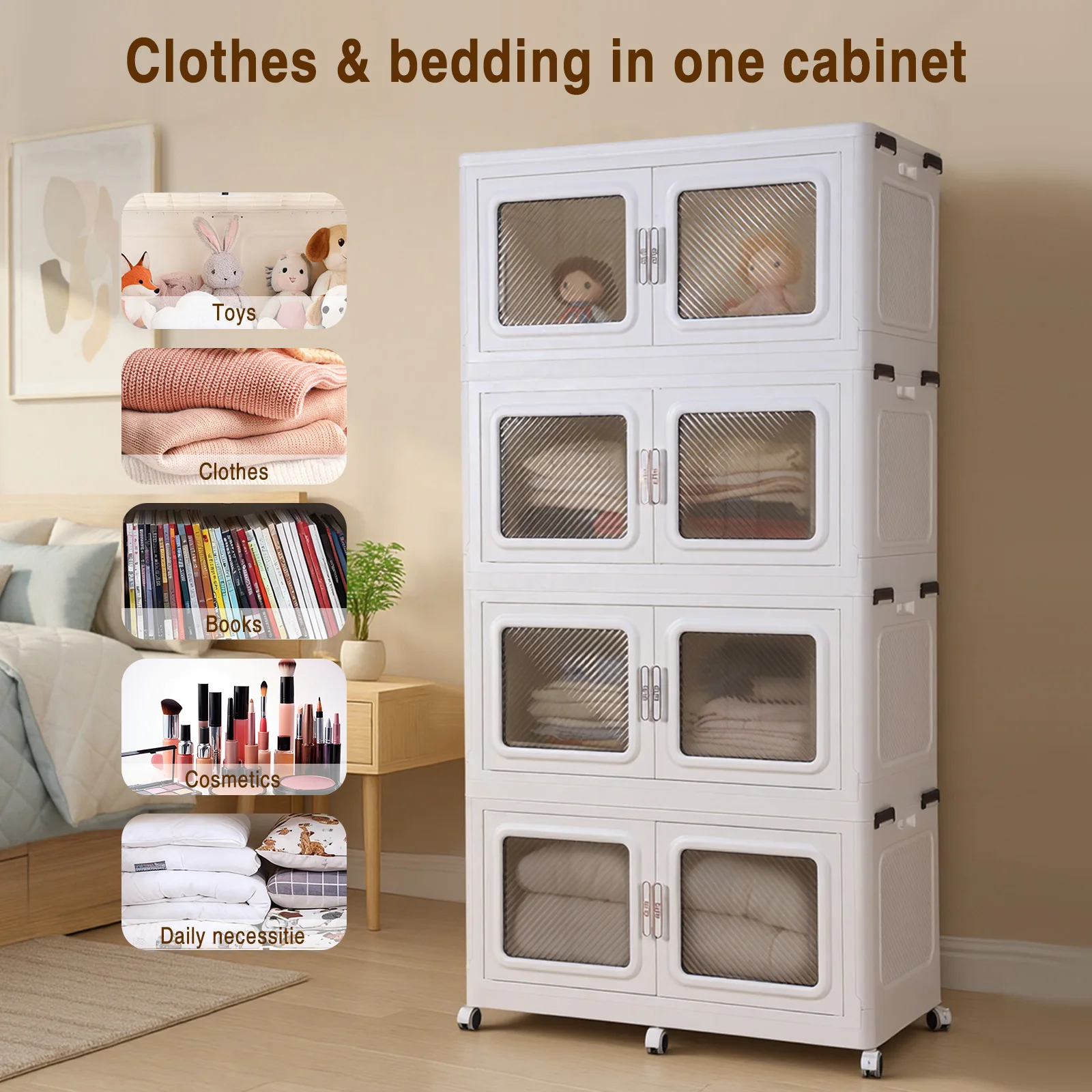 Stackable Storage Bin with Lid Closet Storage and Organizer with Wheel Free Installation Storage Cabinet for Garage Laundry Room