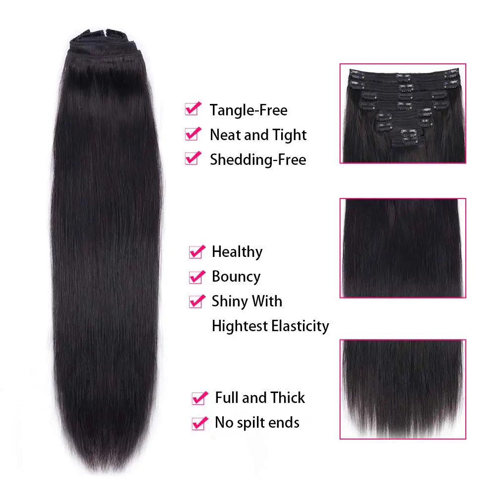 Gerade Clip-in-Haarverlängerungen, Echthaar, 120 g, Ganzkopf-Clip-in, 8 Stück/Set, reines 100 % Echthaar, natürliches schwarzes Clip-Ins-Haar