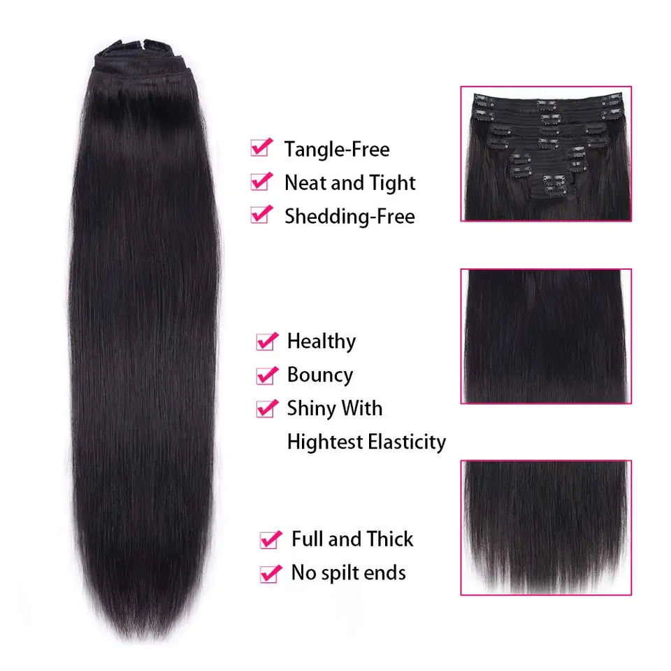 Extensión de cabello humano con clip, 120 g, 8 piezas, virgen, negro natural 3