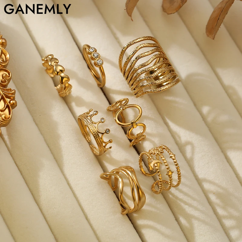 

GANEMLY 316L Stainless Steel Fashion Geometric Open Ring Gold Color Waterproof Stacked Irregular Finger Ring Women's Accessories
