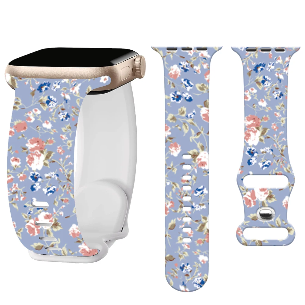 Silicone Flower Print Band For Apple Watch Strap Ultra 49mm 42mm 44mm 41mm Sports Bracelet for iWatch Series 10 9 8 7 6 5 4 SE