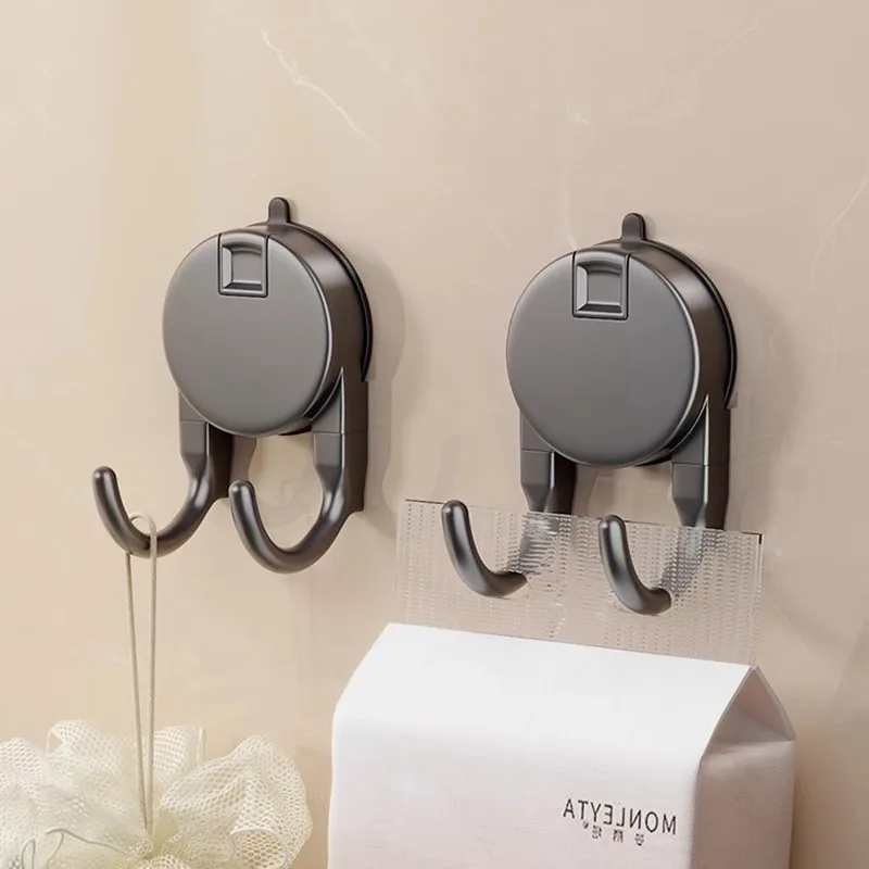 Reusable Suction Cup Hook Waterproof Wall Double Hooks Punch-free Kitchen Bathroom Towel Robe Clothes Hanger Hook Home Accessory