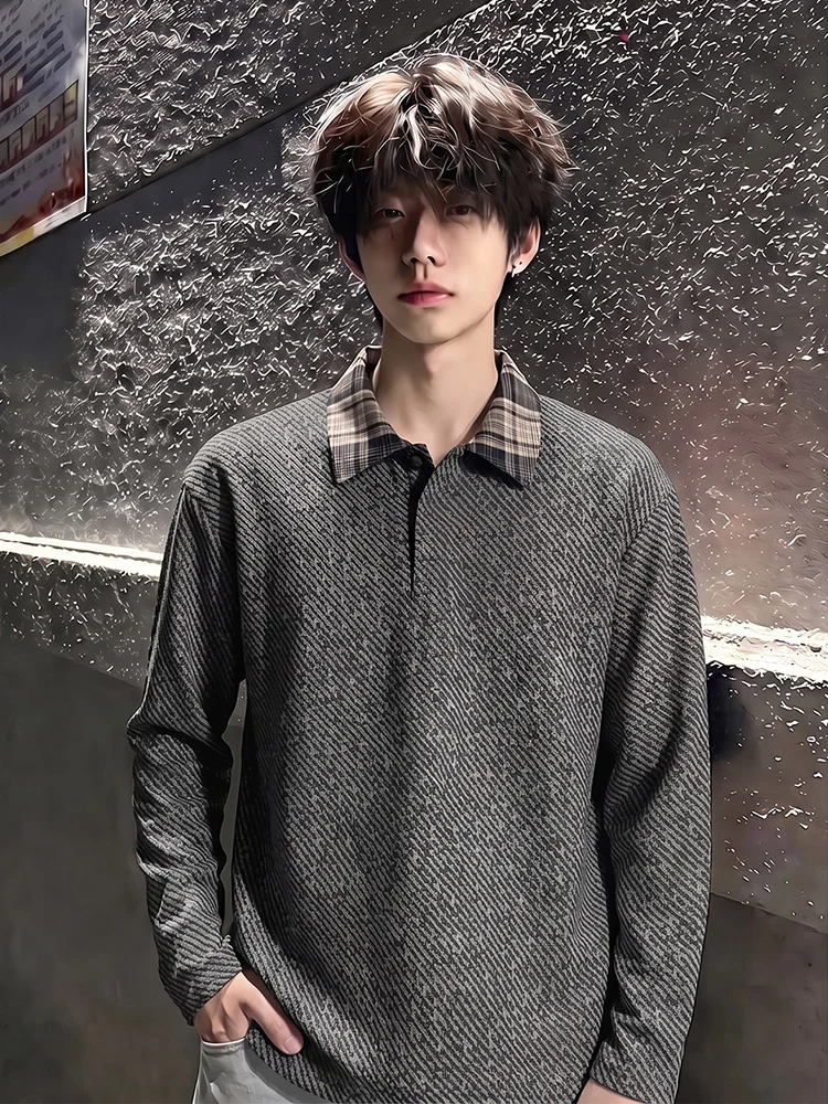 Men's Flap Collar Knitted Long Sleeve T-Shirt Comfortable Loose Fit Autumn Fashion Base Layer Shirt American Style Inner Wear