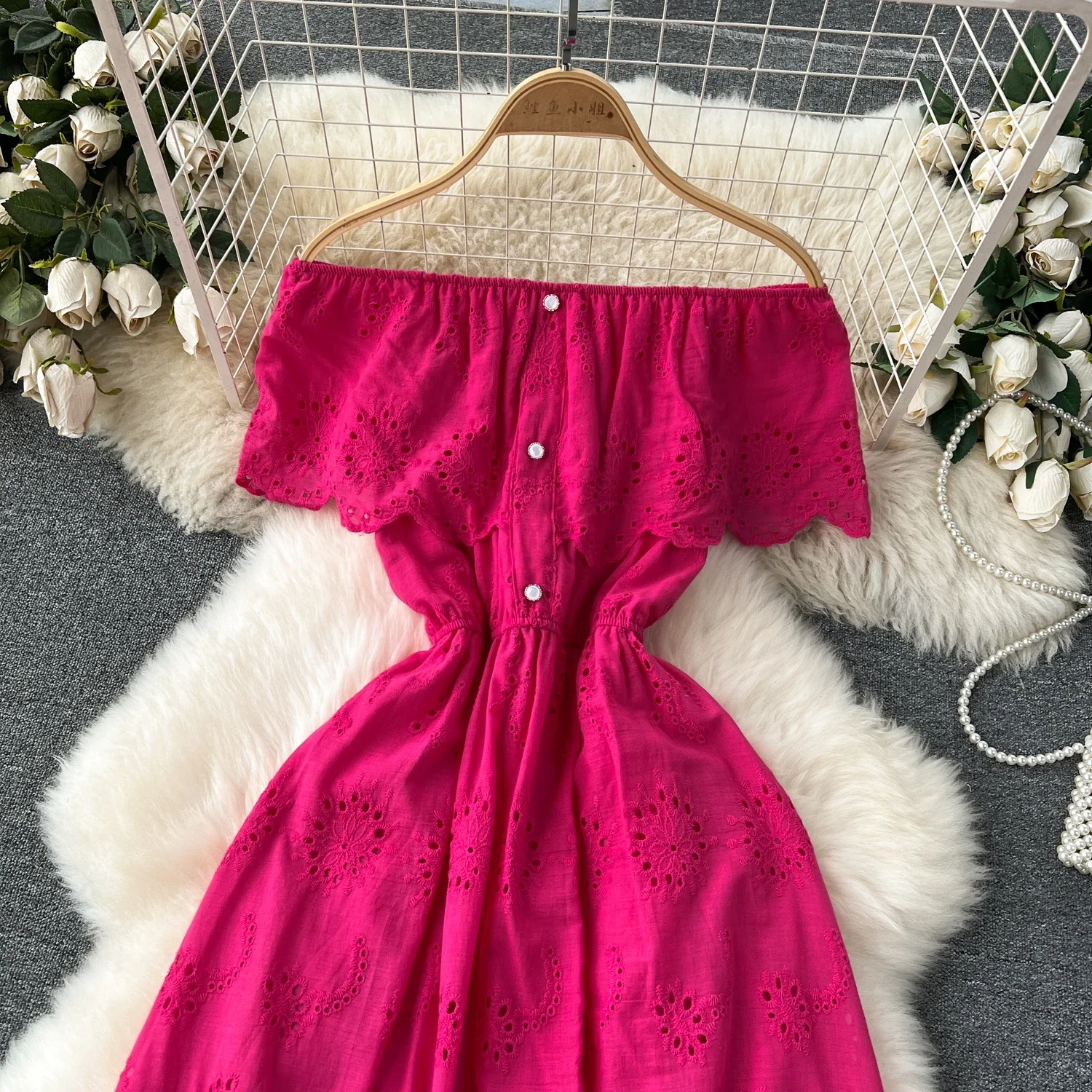 sweet Vintage cut out Embroidery Elegant cut out Dress Casual Women A-LINE  Fashion summer off shoulder dresses