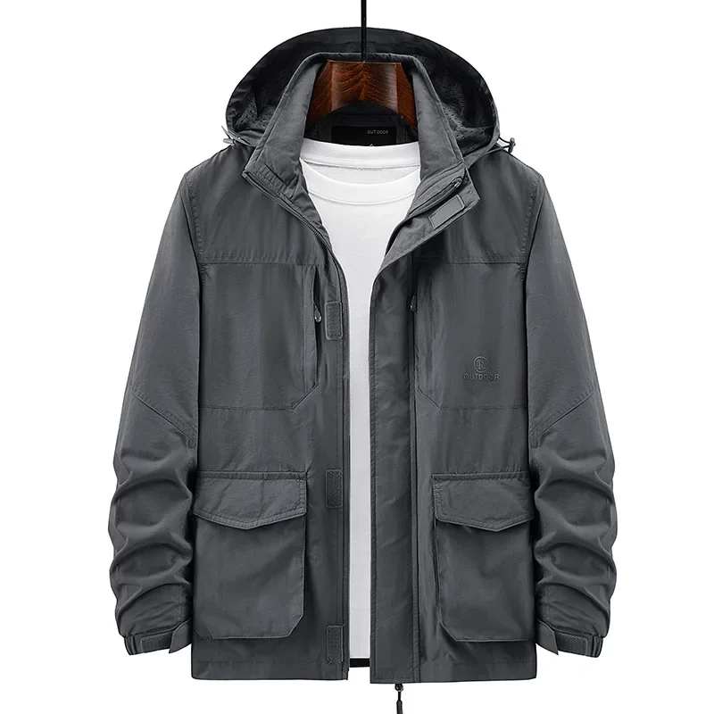 

2023 Men Spring Fall Outdoor Sports Fashion Casual Windproof Breathable Multi-Pocket Jacket Quick Dry Coats Men Hat Cargo Jacket