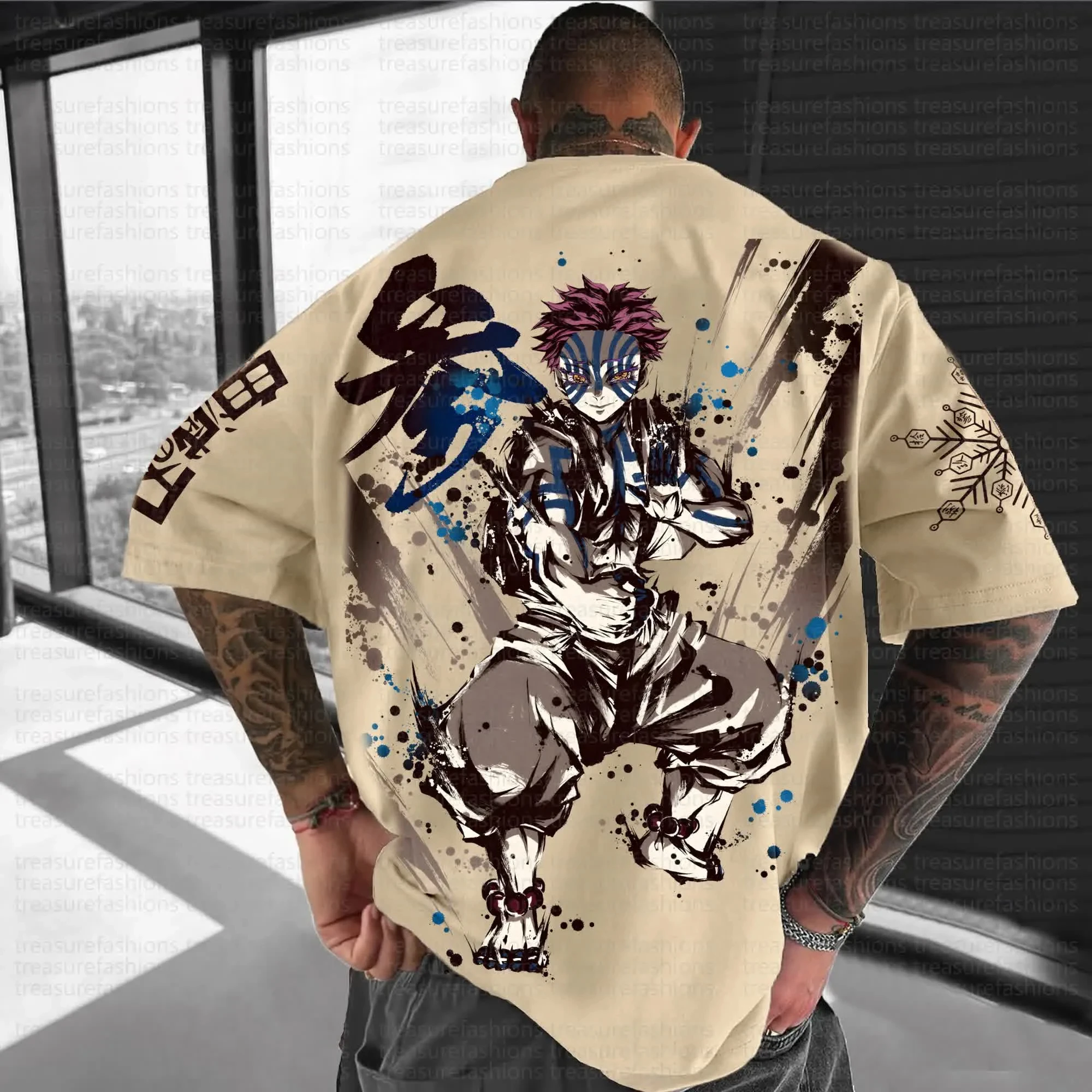 Camiseta de algodão cáqui de grandes dimensões demon slayer akaza volta impressão roxo cabelo combate pose tinta splatter kanji manga texto casual wear
