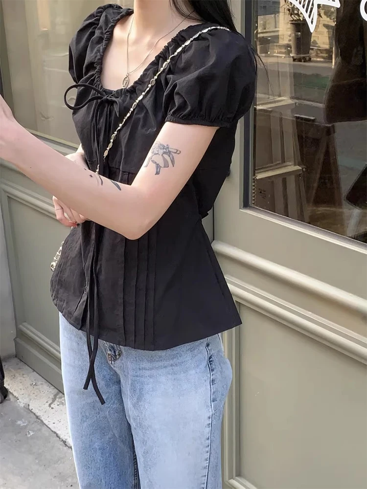 Été nouveau Sle femmes irt noeud Dstring taille cintrée bulle Sve haut coréen Sle Slim Fit ort Sve...