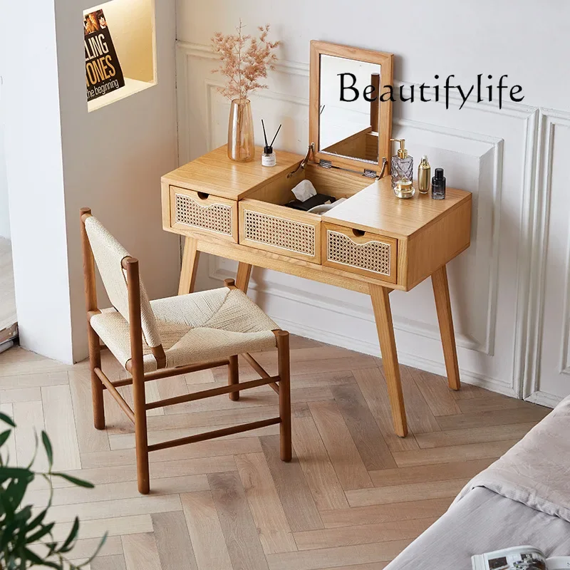 KS Nordic vine dresser with mirror drawer multifunctional bedroom wabi sandy wind rope braided makeup chair dresser combination