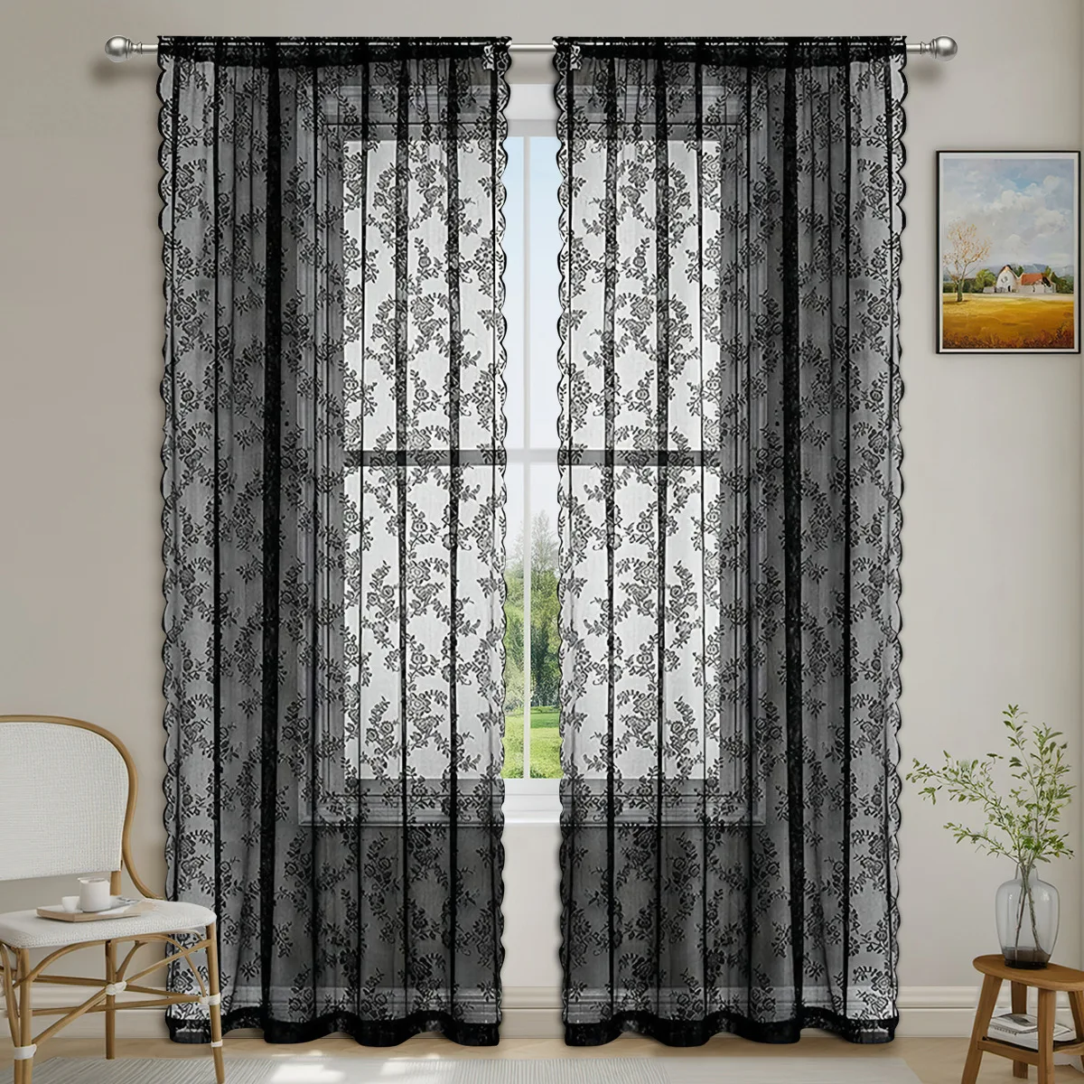Curtain Black Lace Living Room Window Curtains Floral Jacquard Romatic for Bedroom 2 Panels Drape French Style Sheer Treatment