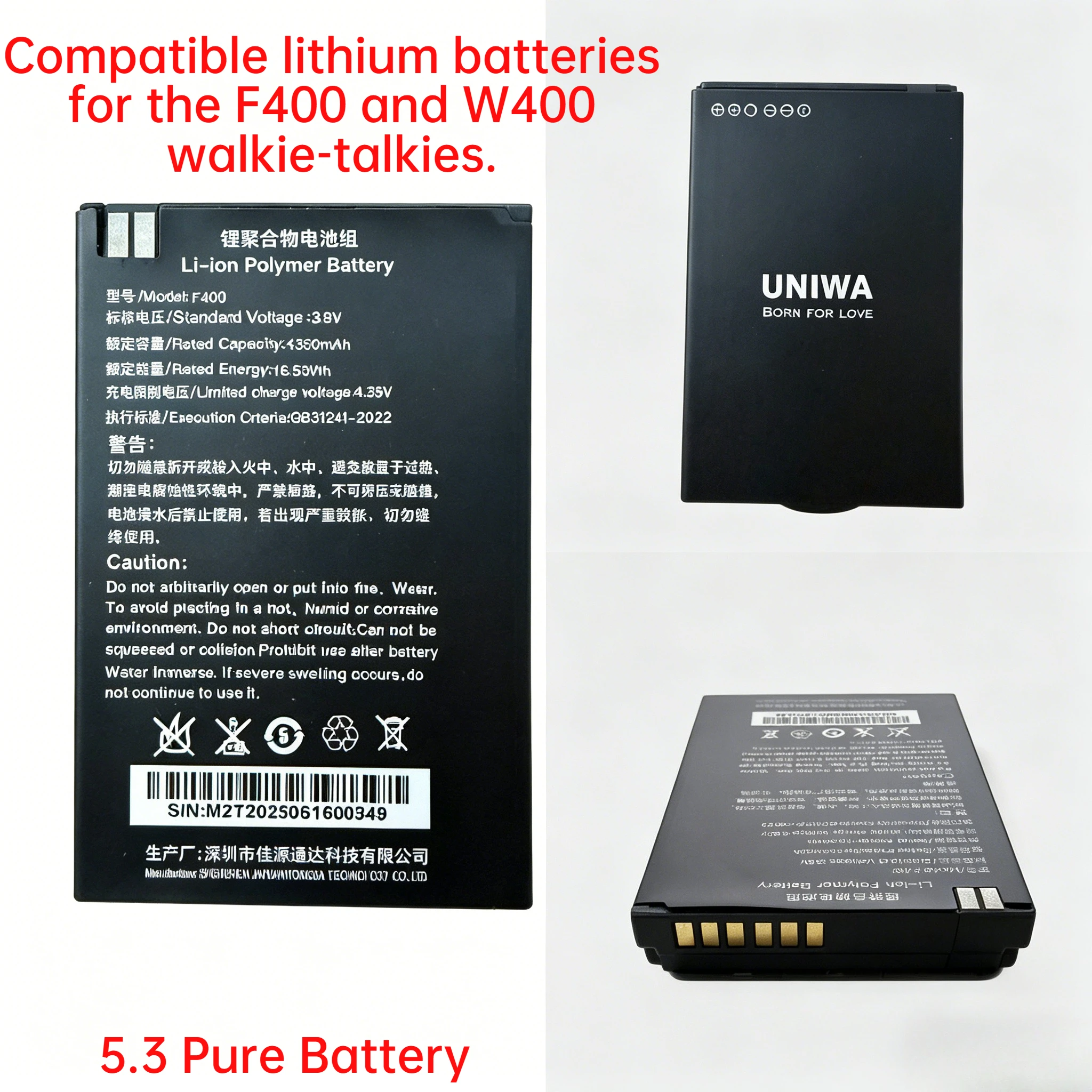 

Replacement Li-ion Battery for F400 W400 Two Way Radio, 3.8V 4350mAh 16.53Wh Rechargeable Battery, GB31241-2022 Safety Standard