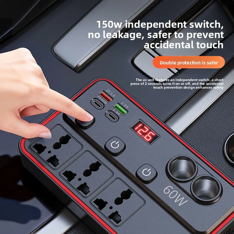 60W Car Power Inverter DC 12V To AC 220V 50Hz Cigarette Lighter Charger with QC 3.0 PD USB Ports and Universal Outlets