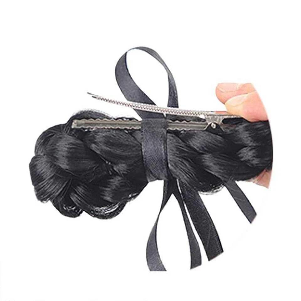 OLACARE Girls Braid Scrunchie Chignon With Rubber Band Brown Black Synthetic Hair Ring Wrap On Messy Bun Ponytails Straight Hair