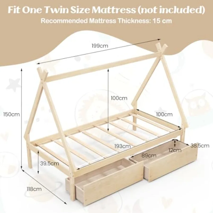 Twin Bed Frame with 2 Storage Drawers, Wooden House-Shaped Teepee Platform Bed for,Montessori Low Profile Design with Triangula