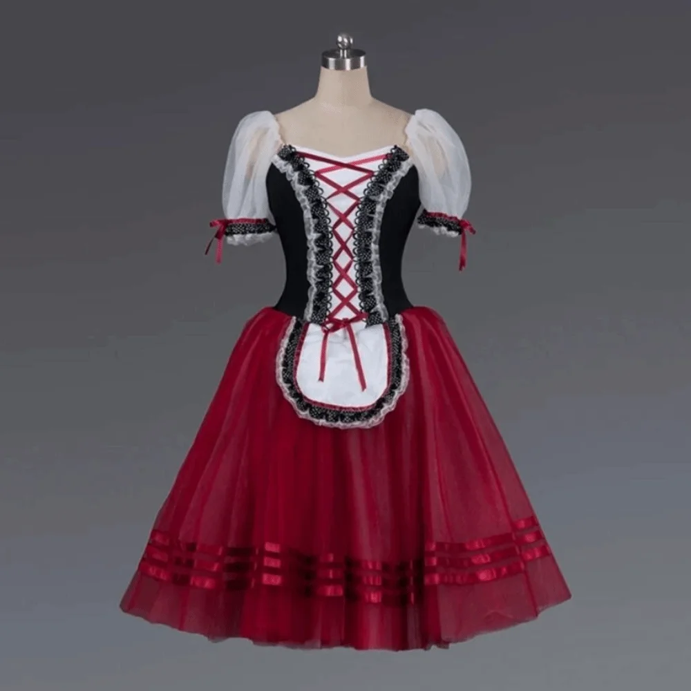 Velvet Giselle Ballet Tutu Dress Ruffle Cross Ribbon Gymnastics Dance Leotard Puff Sleeves Long Tulle Skirt