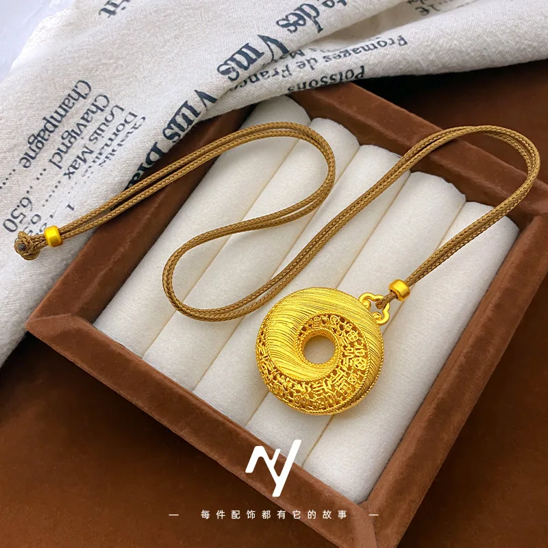 Viora Jewelry luxury designer 9999 24K real gold Chinese style filigree hollow brushed pattern blessing word peace buckle pendan