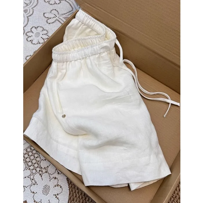 منفذ قوانغتشو الثالث عشر Fac الكتان الأبيض orts المرأة الصيف في الهواء الطلق عالية الخصر ألف خط بنطال ذو قصة أرجل واسعة عادية مستقيم الساق #1