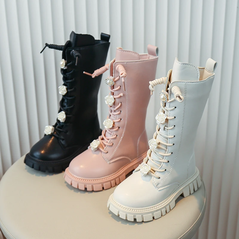 Girls' Fashion Flower Cross Strap Design Thick-soled Knee Boots 2026 Spring and Autumn New Sweet Style High Princess Boots