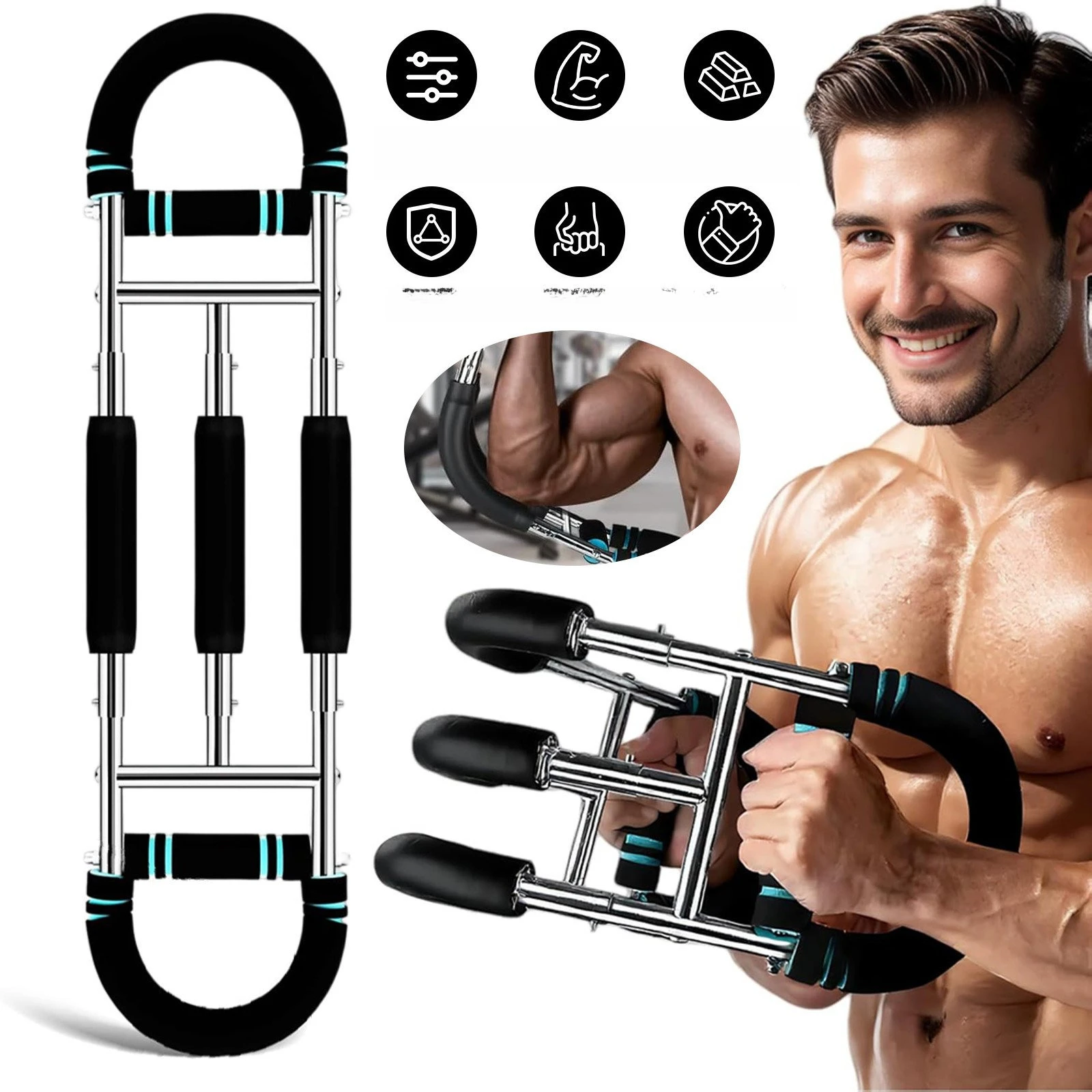 Armtrainer, verstellbarer U-förmiger Brustexpander mit 3 Gängen 30/40/50 kg, blau-schwarzer Stahlschaum-Krafttrainer für Heim-Fitness-Workouts