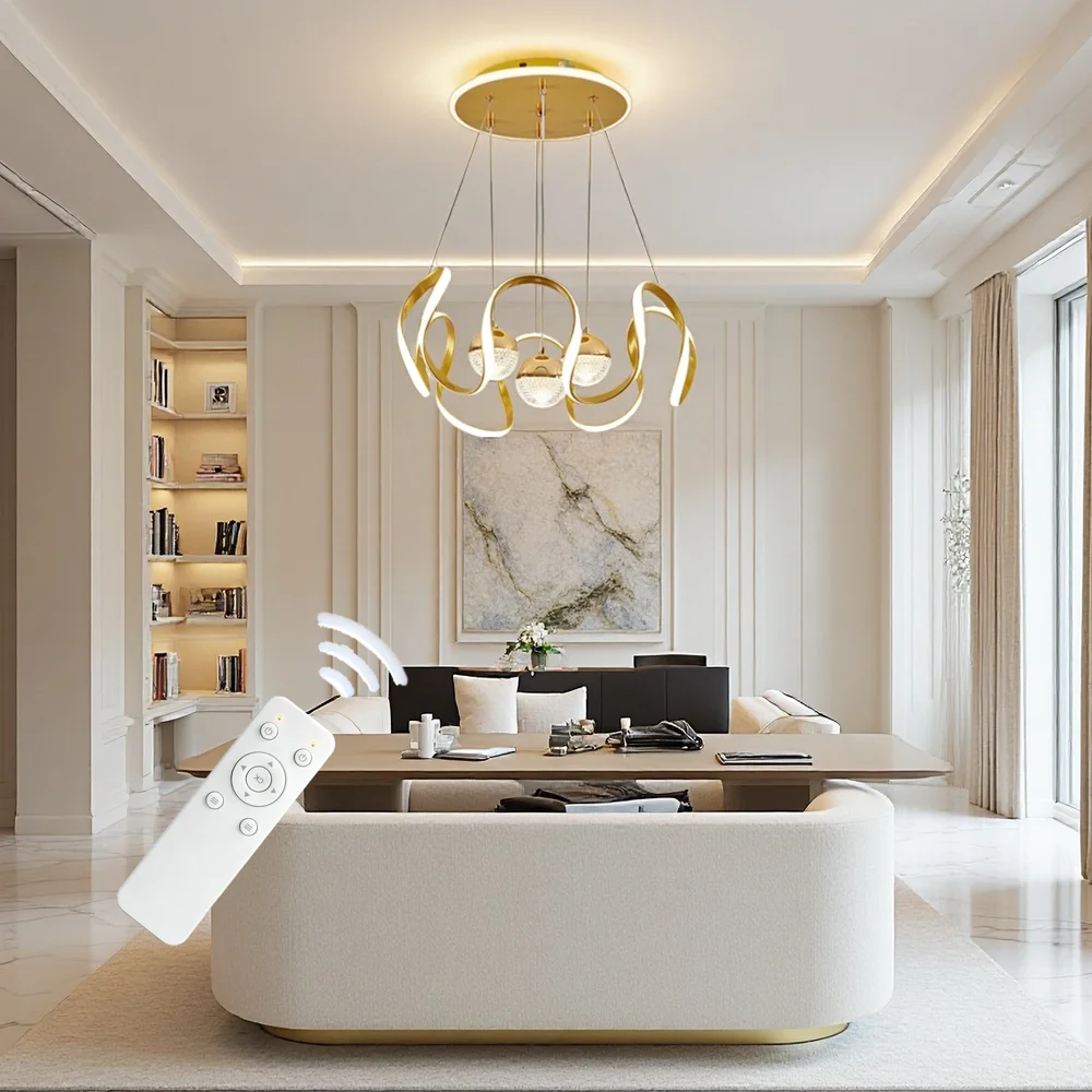 Modern LED Pendant Light with a Wavy Light Ring, Remote Control, Three Adjustable Light Colors, and Adjustable Height; Suitable for Bedrooms, Living Rooms, Above Dining Tables, and Living Rooms