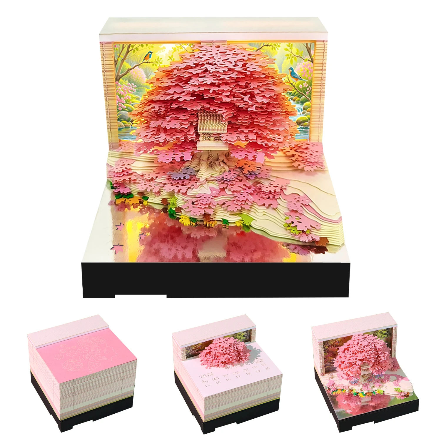 

Novel Gift Removable Leaf - 3D Tree House Model Tear-off Paper Calendar Notebook with Music Player for Home Office Desktop Decor