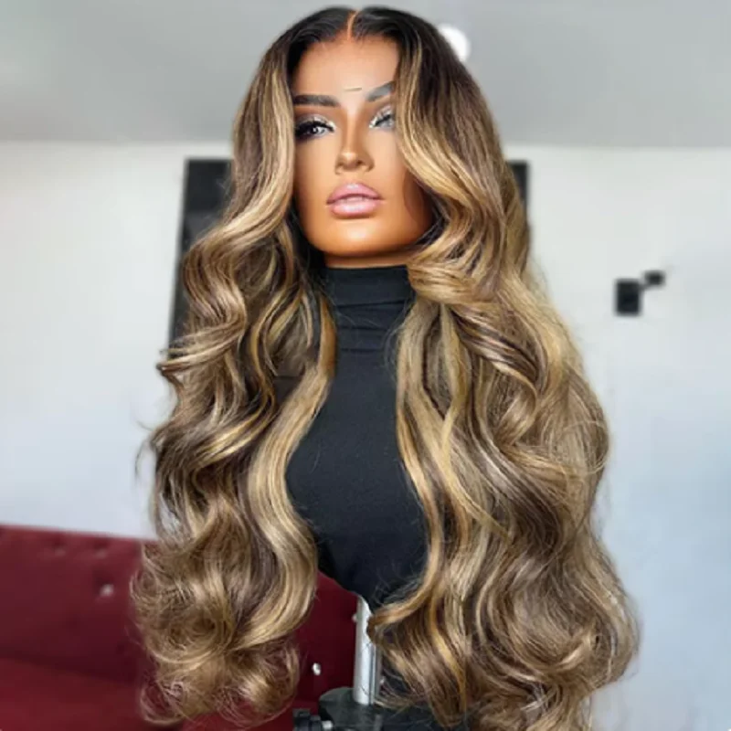 Glueless Soft 26Inch 180Density Highlight Blond Wave 5x5 Silk Base Preplucked Jewish Human BabyHair HD Lace Wig European Hair