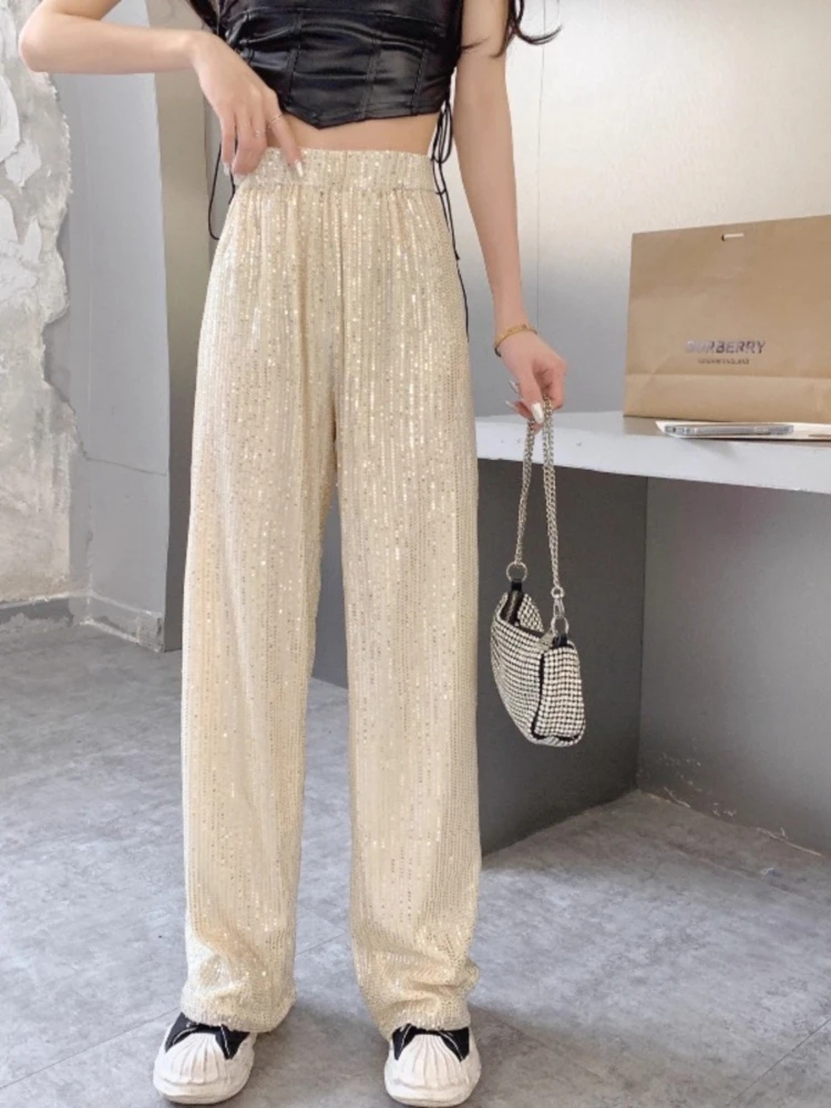 Pantalon taille haute en velours, à la mode, à paillettes, jambes larges, taille élastique, brillant, jambes droites, nouvelle collection automne