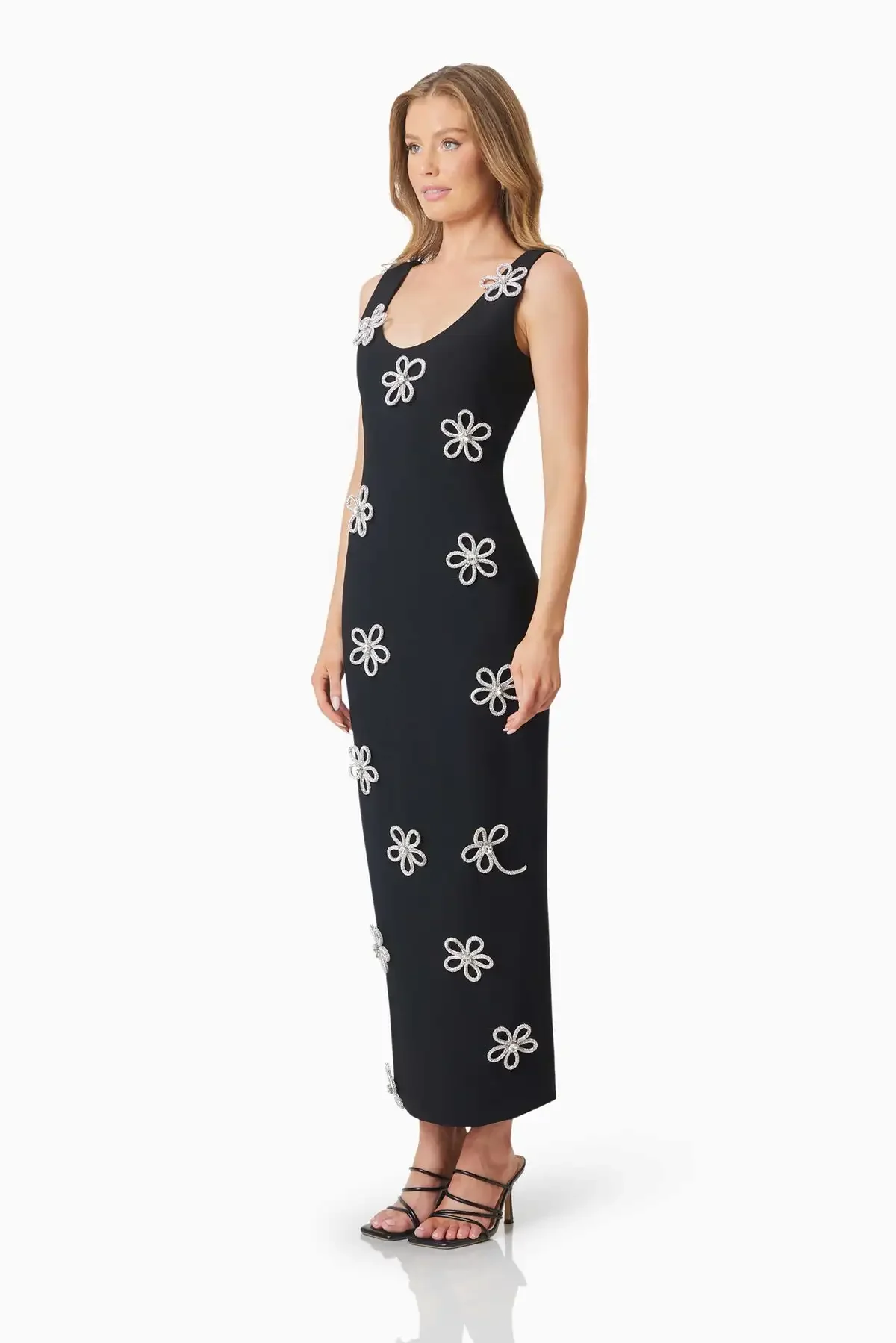 Topkwaliteit Shining Diamond Bloemen Dames Mouwloze O-hals Bodycon Bandage Lange Jurk Vier Avondfeest Runway Outfit